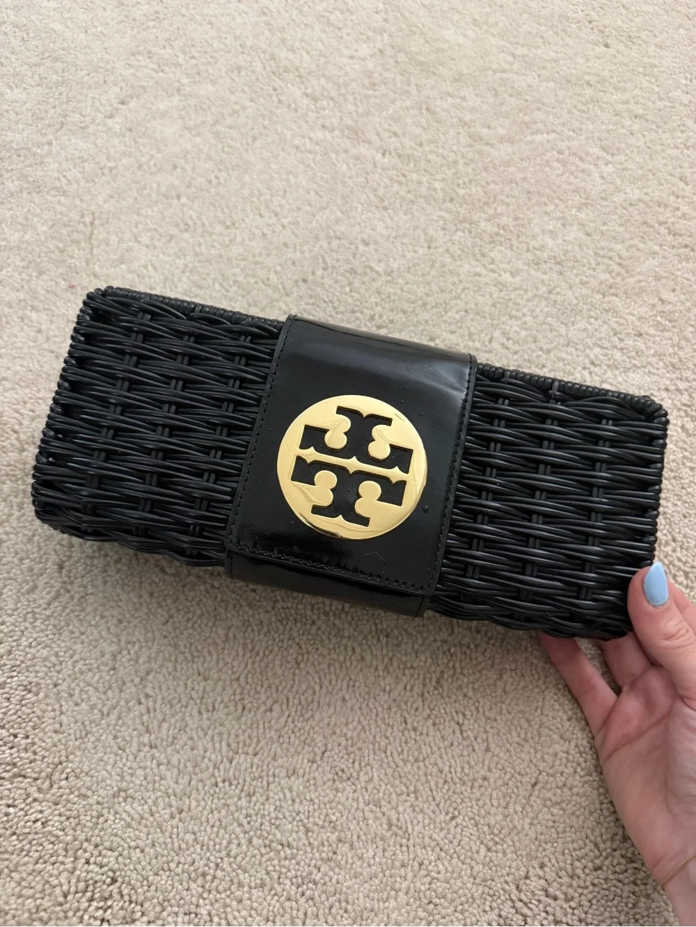 Tory Burch Black Woven Clutch with Gold Medallion